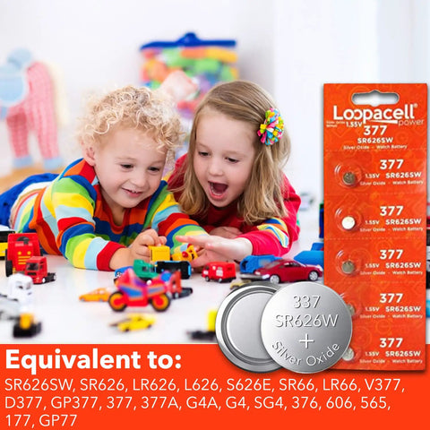Professional Silver Oxide Watch Batteries 377 376 SR626W SR626SW 1.55V Coin Cell Pack Of Five beside children playing with toy cars.