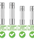 Ceramic Fuse Assortment Kit 250V Fast And Slow Blow with 21 Values shown in 5x20mm and 6x30mm tubes with labels