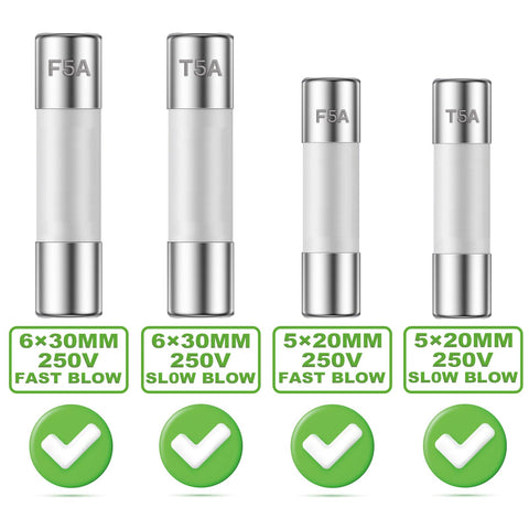 Ceramic Fuse Assortment Kit 250V Fast And Slow Blow with 21 Values shown in 5x20mm and 6x30mm tubes with labels