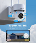 Solar Wireless Outdoor Security Camera With PTZ Control And Motion Detection mounted on wall with smartphone view display