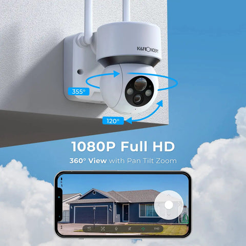 Solar Wireless Outdoor Security Camera With PTZ Control And Motion Detection mounted on wall with smartphone view display
