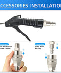 Installation guide for High Flow Pistol Grip Air Blow Gun with 1/4 inch nickel-plated air plug, showing connection steps.