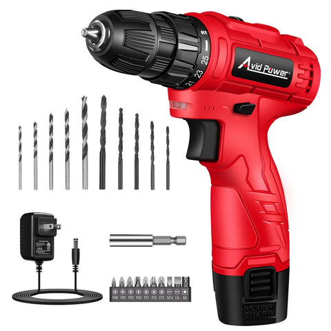 12V Cordless Drill Kit with 3/8 Inch Keyless Chuck, 1400 RPM, 21 bits, battery, charger, red housing, precise torque control