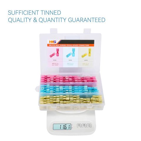 AWG 22-10 Female Spade Connector Kit Pro Grade with heat shrink tubing, 200 pcs box on a scale showing weight.