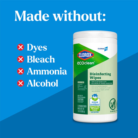 EcoClean Disinfecting Wipes Multipurpose Plant Based Formula That Kills 99.9 Percent Of Germs, front view, no dyes or bleach
