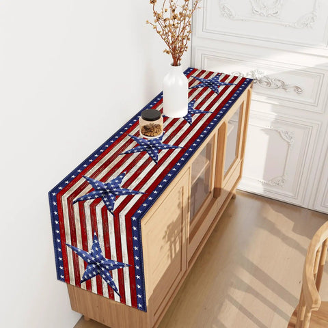 All American Patriotic Table Runner With Red White And Blue Stars For Fourth of July Memorial Day and Veterans Day durable polyester on wooden table