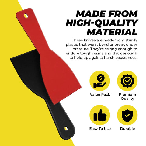 Two putty knives from the Six Piece Putty Knife Set With Flexible Scrapers For Spackling Patching And Painting shown on a yellow background