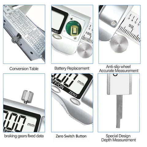 Stainless Steel 6 Inch Digital Caliper With Large LCD Screen Auto Off Inch Metric Conversion Vernier Caliper Measuring Tool features