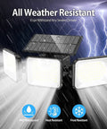 Two Pack Solar Motion Sensor Outdoor Lights With 180 LEDs And 3000 Lumens, IP65 Waterproof, Three Adjustable Heads in rain