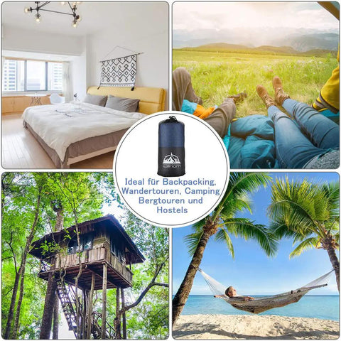 Collage featuring the Sleeping Bag Liner for Backpacking and Travel Sheets with outdoor and hotel use.
