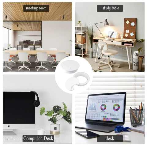 Two Pack White Desk Cable Grommets Sixty Millimeter Abs Plastic Cord Hole Inserts displayed on office desks.