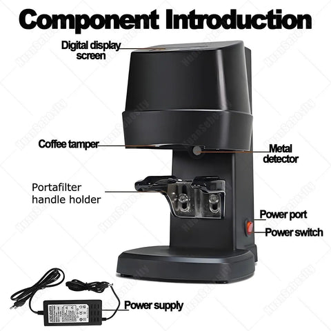 Component introduction of Slap That Coffee Tight With This Fully Automatic Espresso Tamper Machine with display and parts labeled.