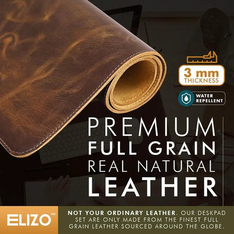 Premium Full Grain Leather Desk Pad Thick 3mm Double Layer 31x15.6 Inches Large Desk Protector rolled corner view