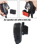 2 Pack Adhesive Back Radio Microphone Holder Universal Dash Mount Stick On Mic Hook For Motorola Kenwood Icom Yaesu Cobra Astatic No Drilling Required shown attaching to mic with belt clip