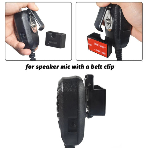 2 Pack Adhesive Back Radio Microphone Holder Universal Dash Mount Stick On Mic Hook For Motorola Kenwood Icom Yaesu Cobra Astatic No Drilling Required shown attaching to mic with belt clip