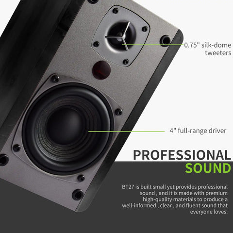 Close-up of Booming 60W RMS Active Bluetooth Bookshelf Speakers with DSP and DRC, showing 4 inch woofer and 0.75 inch tweeter.