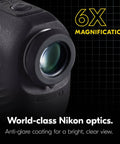 Close-up of Coolshot ProIII Stabilized Golf Laser Rangefinder lens with waterproof 6x monocular optics and Nikon branding.