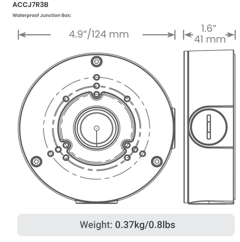 Illustration of Outdoor Round Surveillance Junction Box With IP66 Weatherproof Seal For 3 Screw Base Cameras Mounts Bullet Or Dome Cams Waterproof Electrical Box White Flexible 120 Degree Hole Configuration For Easy Install, showing dimensions and weight.