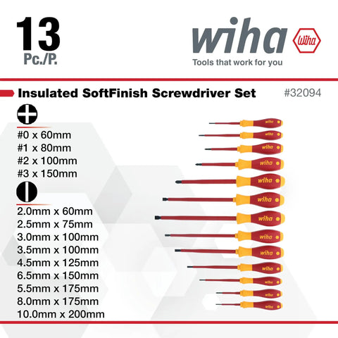Slotted And Phillips Insulated Screwdriver Set 13 Piece 1000V VDE Rated With SoftFinish Handle Black Oxide For Electricians