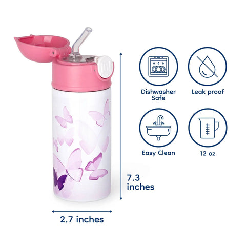 Pink and white 12oz kids water bottle with butterfly design, flip-top lid, showing dimensions and features.