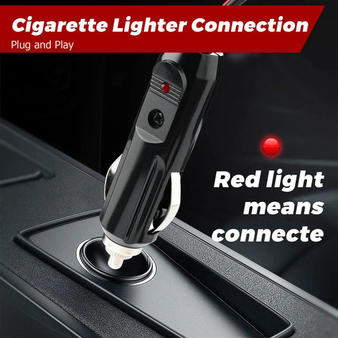 2 Pack CB Radio Power Cord With 12V Lighter Plug, 3 Pin 2 Wire, 16 AWG, inserted in cigarette lighter socket with red light indicator