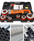 Portable 2300W Electric Pipe Threader With Copper Motor For Cutting And Threading Metal Plastic Pipes Includes Six Dies Ranging From One Half To Two Inches Plus Carrying Case.