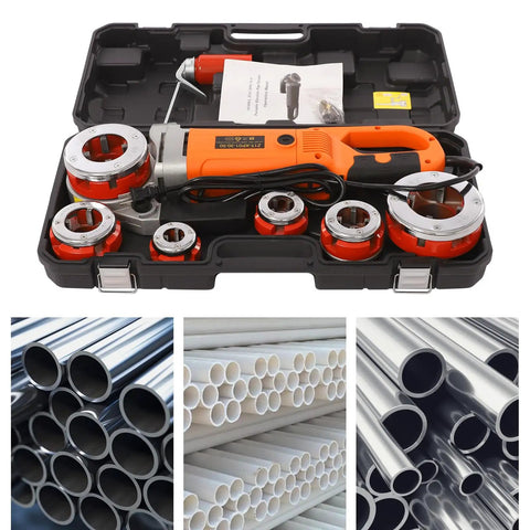 Portable 2300W Electric Pipe Threader With Copper Motor For Cutting And Threading Metal Plastic Pipes Includes Six Dies Ranging From One Half To Two Inches Plus Carrying Case.