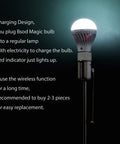 Rechargeable Emergency Light Bulb With Remote For Cordless Lamps 60W Equivalent E26 Base Battery Powered Backup Power Dimmable Flashlight And Pendant Bulb Energy Saving High Efficiency Lighting showing a bulb with charging instructions and red indicator.
