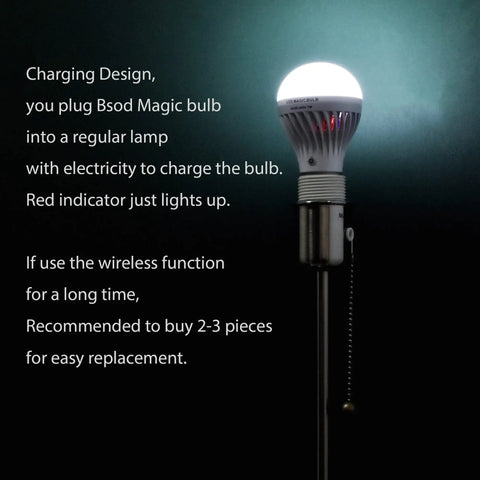 Rechargeable Emergency Light Bulb With Remote For Cordless Lamps 60W Equivalent E26 Base Battery Powered Backup Power Dimmable Flashlight And Pendant Bulb Energy Saving High Efficiency Lighting showing a bulb with charging instructions and red indicator.