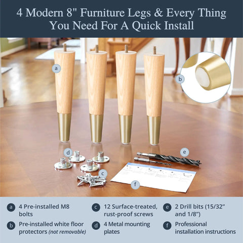 Ash Wood Furniture Legs with Gold Caps Set of 4 Complete Install Kit for Couches Chairs Desks End Tables Dressers Ottomans