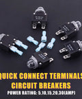Thermal Circuit Breaker Kit With Quick Connect Terminals And Waterproof Button Caps 30Pcs 5 Sizes From 5Amp To 30Amp layout.