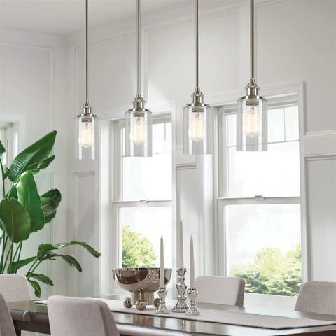 Dining room with modern fixtures featuring Brentwood Seeded Glass Shades Set, Clear Bubble Glass, 6.25 Inch By 4 Inch Dimensions, 3-Pack