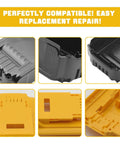 Heavy Duty Rock Solid Battery Case Shell Replacement For 18V And 20V Cordless Power Tool Batteries DCB200 DCB201 DCB203 DCB204 DCB205 close-up of black and yellow battery shell parts.