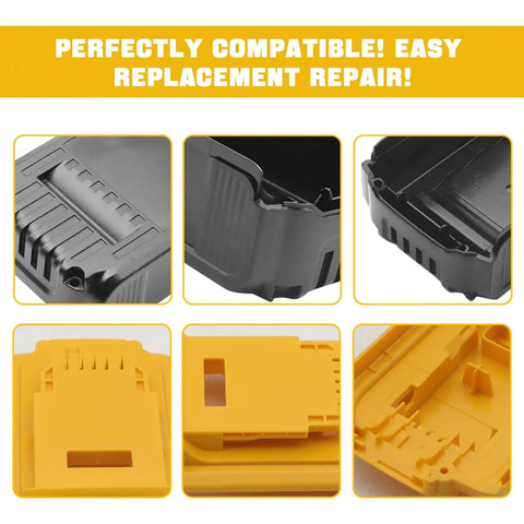 Heavy Duty Rock Solid Battery Case Shell Replacement For 18V And 20V Cordless Power Tool Batteries DCB200 DCB201 DCB203 DCB204 DCB205 close-up of black and yellow battery shell parts.