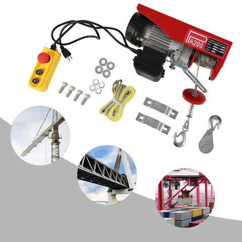 Top Rated 110V Electric Hoist Winch With Remote Control, 440 Lb Capacity For Factories Warehouses Garages And Construction Sites, includes lift gear and accessories.