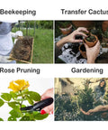 Collage of beekeeping, cactus transfer, rose pruning, and gardening tasks showcasing diverse uses for Goatskin Beekeeping Gloves With 3-Layer Ventilated Mesh Sleeve And Elastic Cuffs For Beekeeping Gardening Yard Work Breathable Comfort Pro-Grade Grip For All Day Use X-Large.