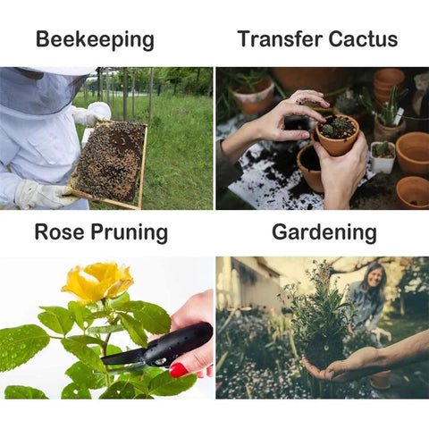 Collage of beekeeping, cactus transfer, rose pruning, and gardening tasks showcasing diverse uses for Goatskin Beekeeping Gloves With 3-Layer Ventilated Mesh Sleeve And Elastic Cuffs For Beekeeping Gardening Yard Work Breathable Comfort Pro-Grade Grip For All Day Use X-Large.