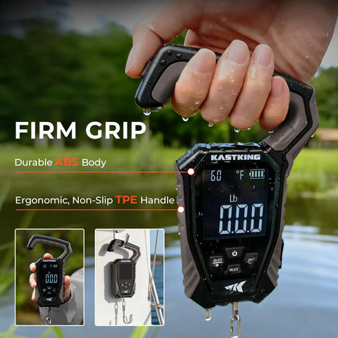 WeighMaster Mechanical Digital Fishing Scale With Lip Gripper 120 Lb Capacity ergonomic non-slip handle held over water