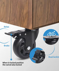Heavy duty swivel caster wheels with 360-degree rotation and dual locking brakes shown on furniture leg.