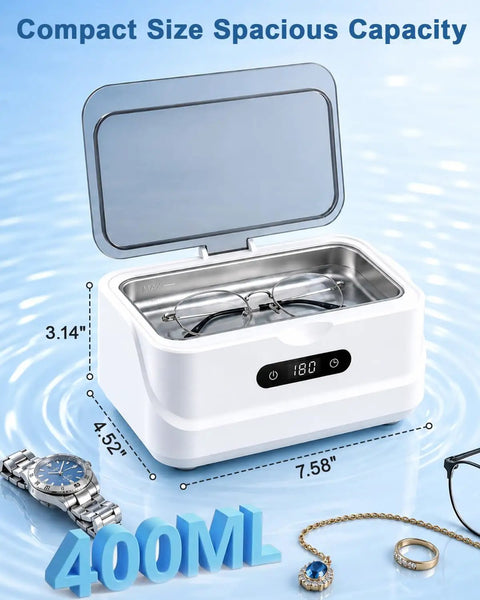 Top Shelf Professional 48KHz Ultrasonic Jewelry Cleaner Heavy Duty 400ml tank with eyeglasses and jewelry inside.