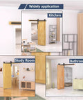 60 Inch Bifold Barn Door Hardware Kit for Two Doors, Black Finish, installed in kitchen, study room, and bathroom settings