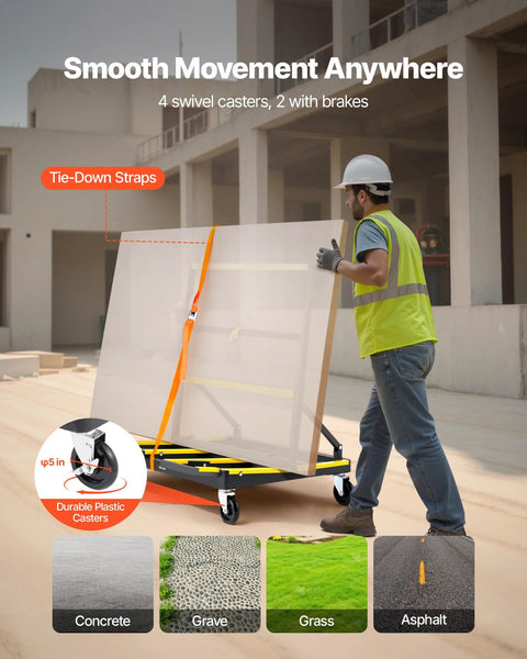 Worker using Drywall Cart Dolly With 1800 Lb Load Capacity And Expandable Deck on construction site, showing tie-down straps and swivel casters