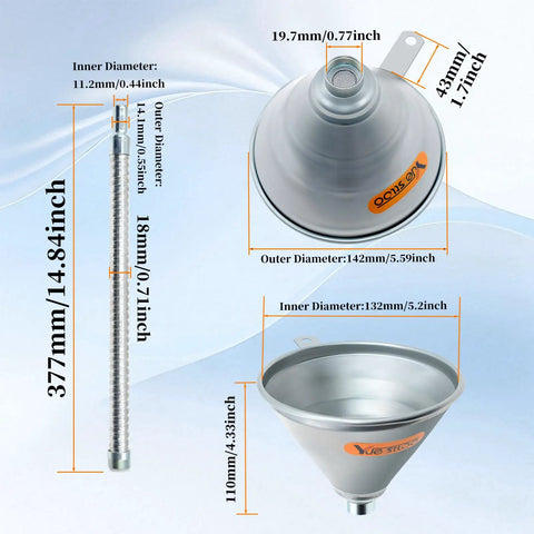 Dimensions of 14.84 Inch Steel Bendable Spout Funnel With Filter For Automotive Oils And Liquids, showing spout and funnel size
