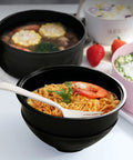 Ramen Cooker Bowl With Built In Handles And Chopsticks, 33oz Microwave Noodle Bowl For Dorm Rooms And Small Apartments, Sleek Black with shrimp ramen