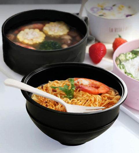 Ramen Cooker Bowl With Built In Handles And Chopsticks, 33oz Microwave Noodle Bowl For Dorm Rooms And Small Apartments, Sleek Black with shrimp ramen