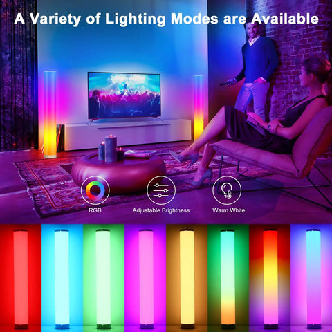 Living room setup with 2 Pack RGB Corner Floor Lamps With App And Button Control, 10W 500LM color changing mood lights and TV.