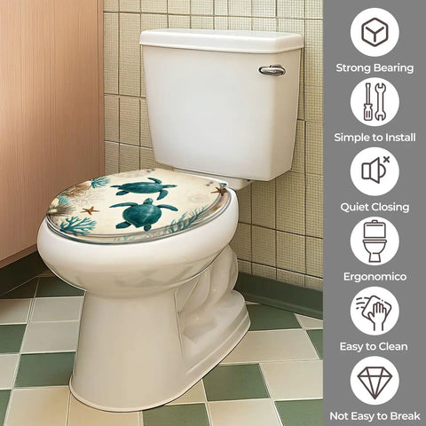 Teal Resin Toilet Seat for Bathroom positioned on a toilet, showcasing its design and compatibility with standard fixtures.