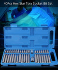 Top Notch 40 Pc Hex Star Torx Spline Bit Set With 1/2 And 3/8 Inch Drive Crank Tool Kit Built From Durable Alloy Steel For Heavy Duty Jobs Fast Bit Swaps And Handy Blow Molded Case Storage, open case