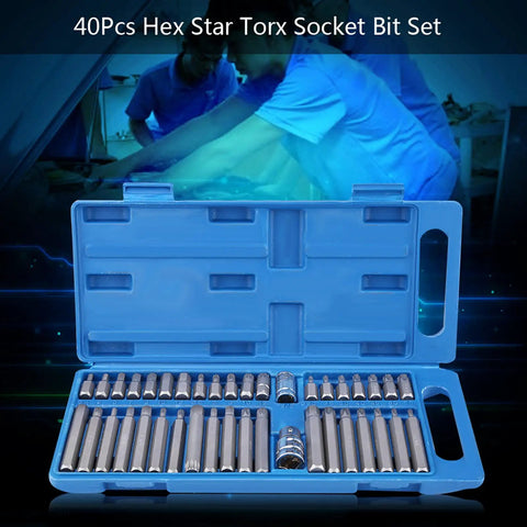 Top Notch 40 Pc Hex Star Torx Spline Bit Set With 1/2 And 3/8 Inch Drive Crank Tool Kit Built From Durable Alloy Steel For Heavy Duty Jobs Fast Bit Swaps And Handy Blow Molded Case Storage, open case