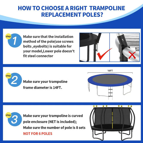 Guide on selecting trampoline replacement poles for 14ft curved enclosures, featuring installation tips and visual aids.